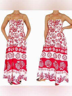 Calypso St. Barth Red and White Floral Strap Maxi Dress